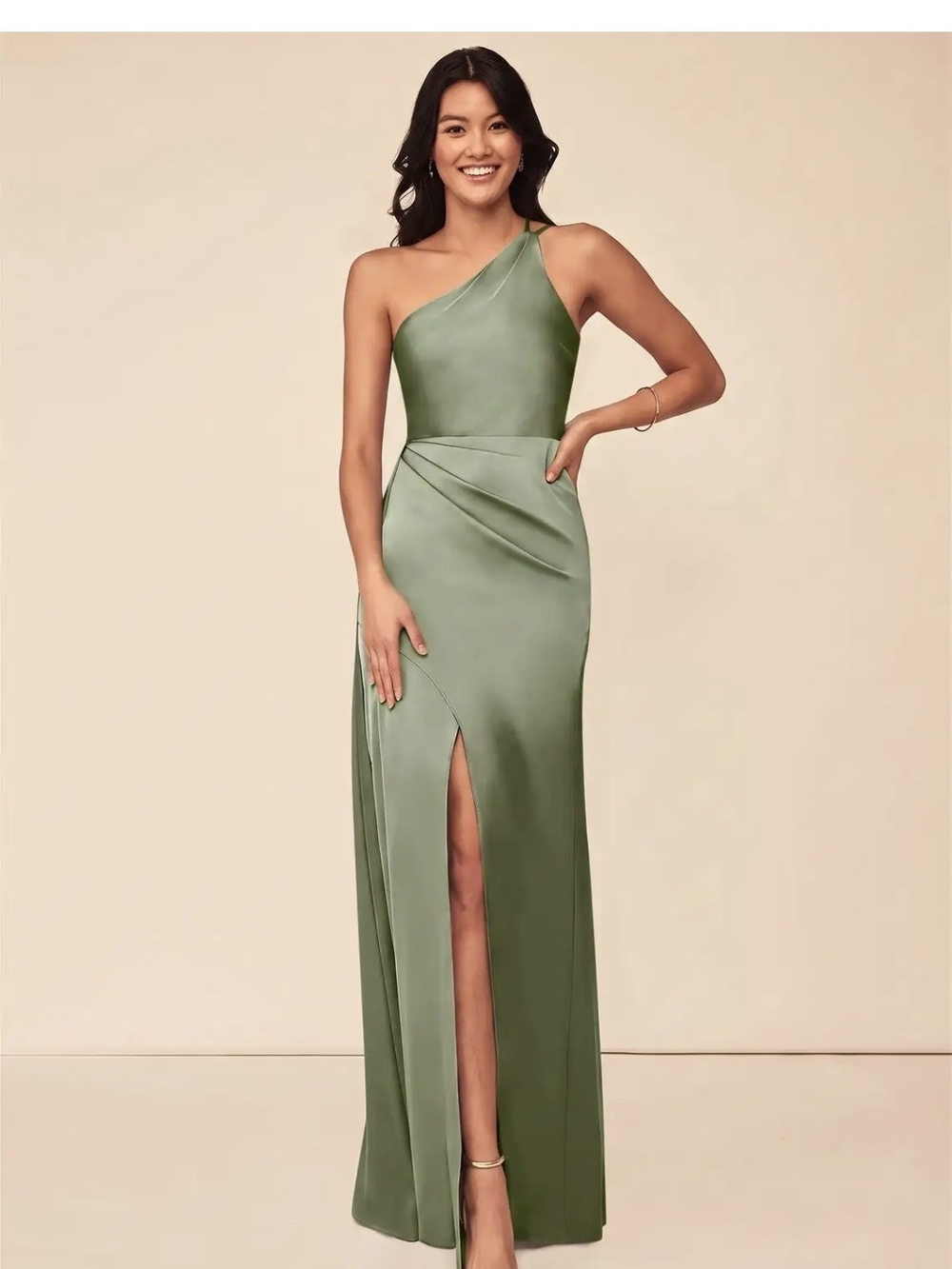Azazie Maron Stretch Satin One-Shoulder Pistachio Green Evening Gown Size 4